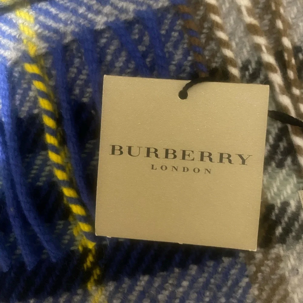 Burberry Blue and brown Plaid Scarf with Fringe 60 x 20 inch NWT